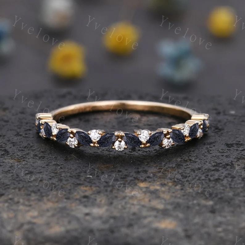 Marquise moss agate wedding band vintage green agate ring diamond antique unique stacking band anniversary promise ring matching band gold