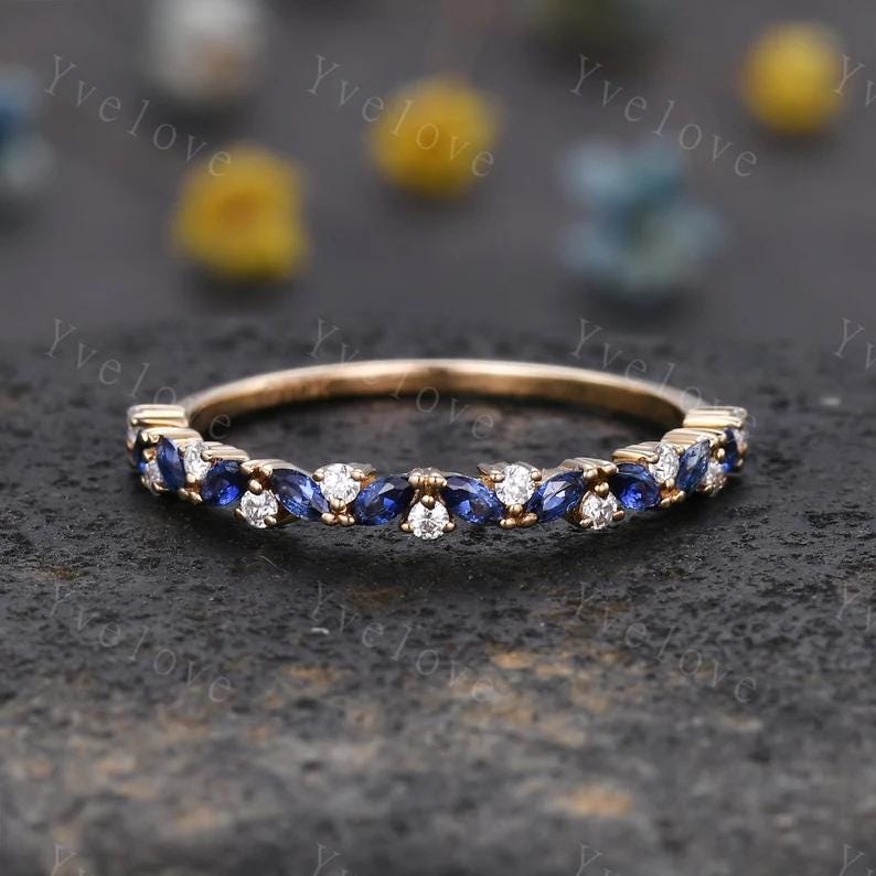 Marquise amethyst wedding band 14k gold vintage amethyst ring diamond antique unique stacking band anniversary promise ring matching band