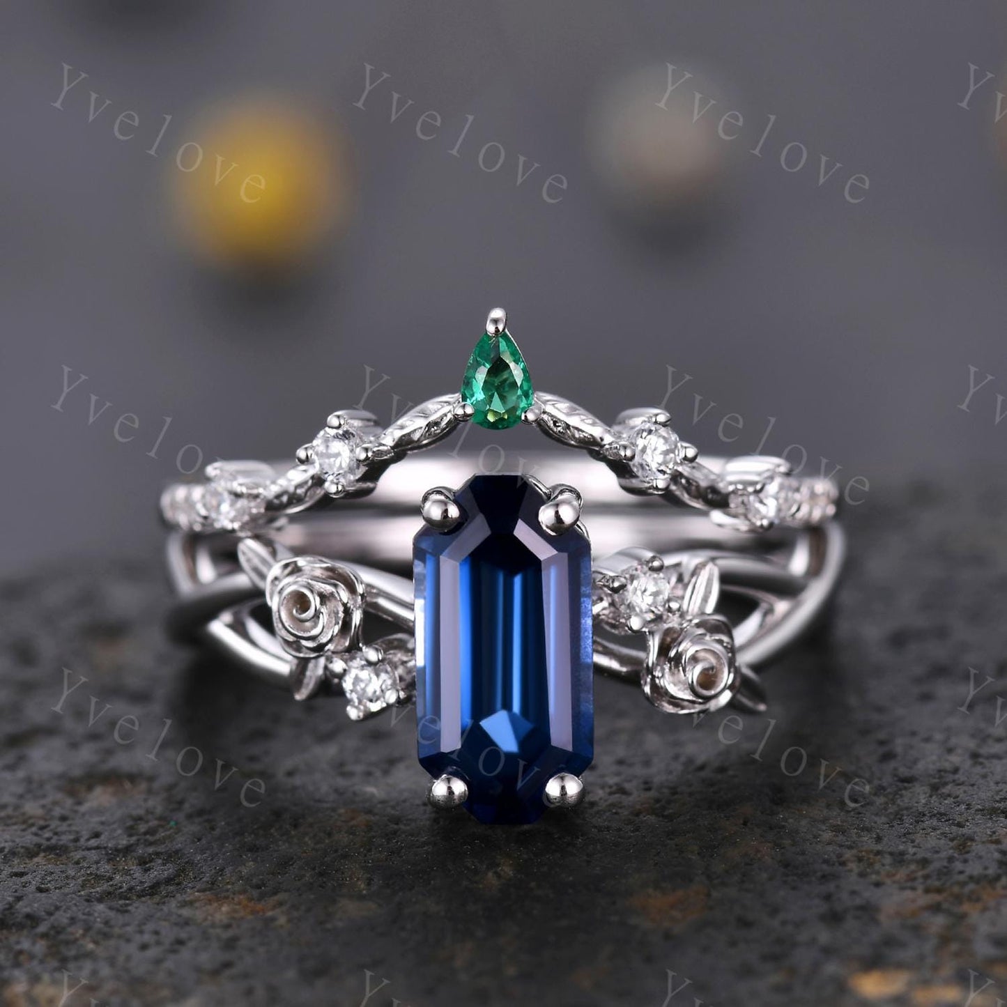 Vintage Blue Sapphire Twig Engagement Ring Set,leaves flower ring,Silver,Curved emerald stacking wedding band,Unique Bridal Promise Gift
