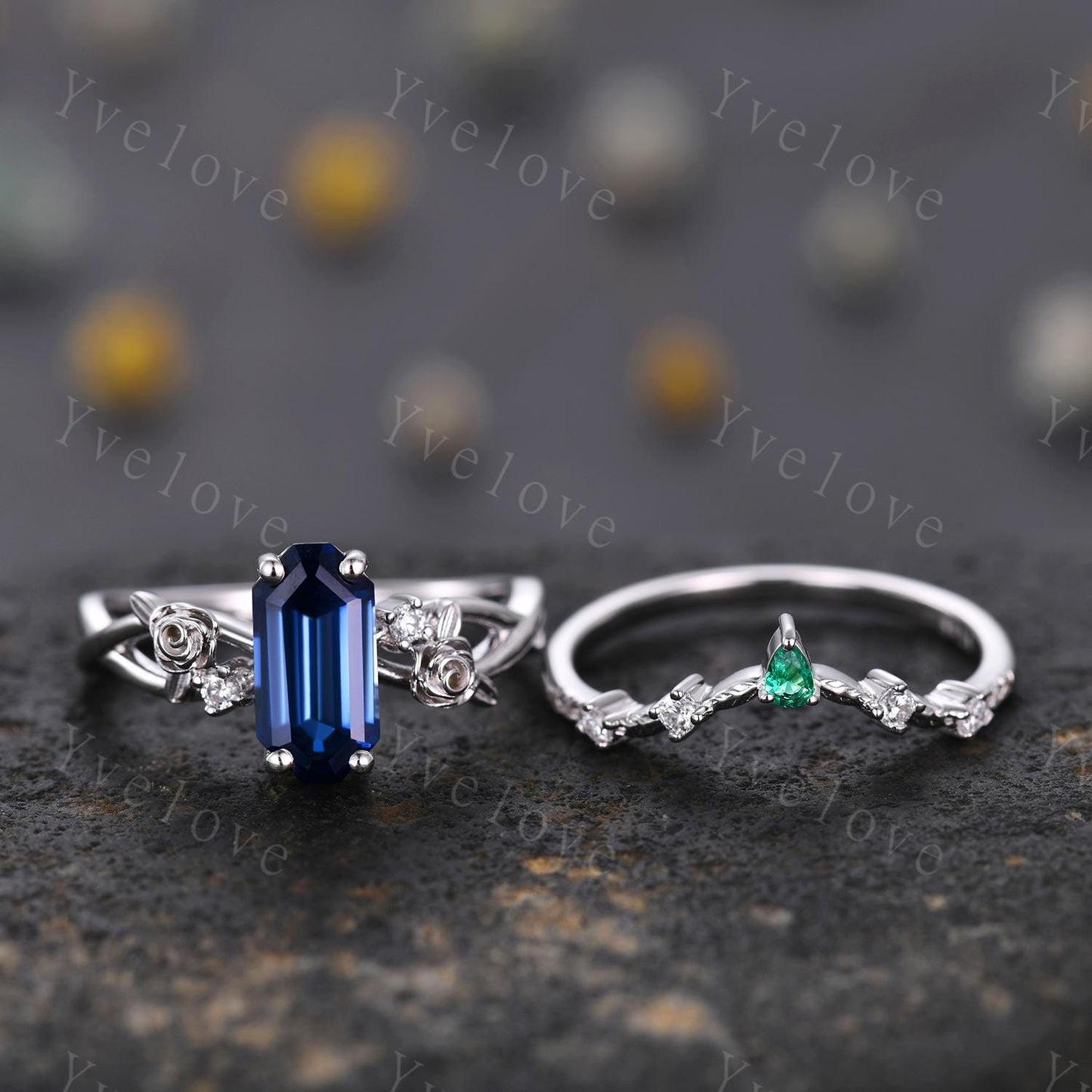 Vintage Blue Sapphire Twig Engagement Ring Set,leaves flower ring,Silver,Curved emerald stacking wedding band,Unique Bridal Promise Gift