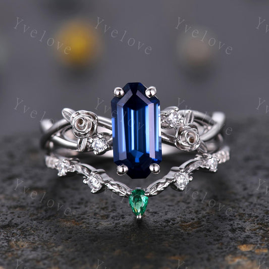 Vintage Blue Sapphire Twig Engagement Ring Set,leaves flower ring,Silver,Curved emerald stacking wedding band,Unique Bridal Promise Gift
