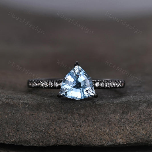 7mm Trillion cut Blue Topaz Ring Gothic Black Gold Ring Unique Irregular Engagement Ring December Gemstone Solitaire Ring Promise Ring