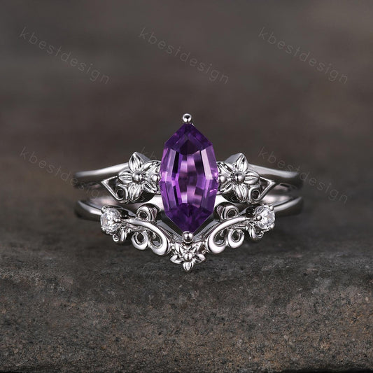 Antique Amethyst Engagement Ring Floral Hexagon cut Amethyst Bridal Set Unique Curved Moissanite Wedding Ring Anniversary Promise Gift