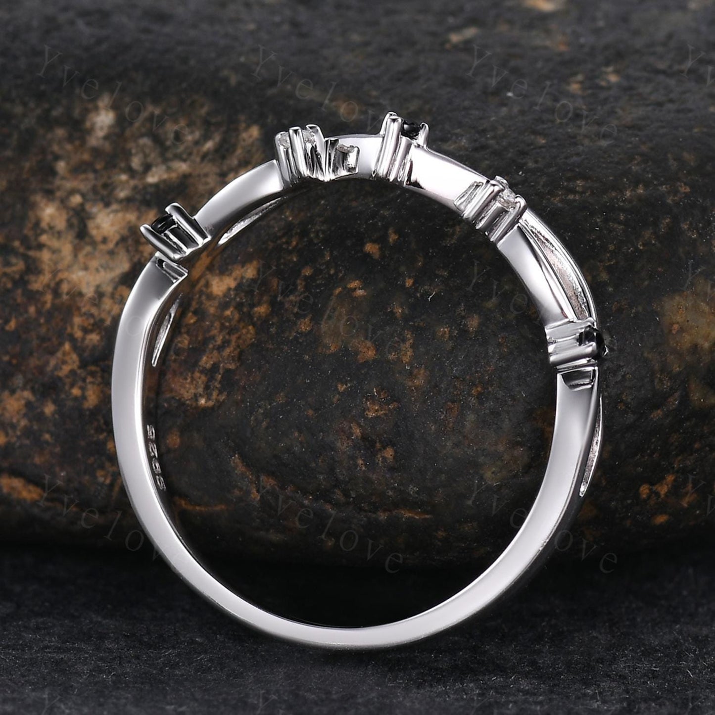 Vintage Twig Engagement Ring,Twig Stacking Band,Women Vine Diamond Band,Art Deco Curved Branch Black Spinel Wedding Band,925 Silver Ring
