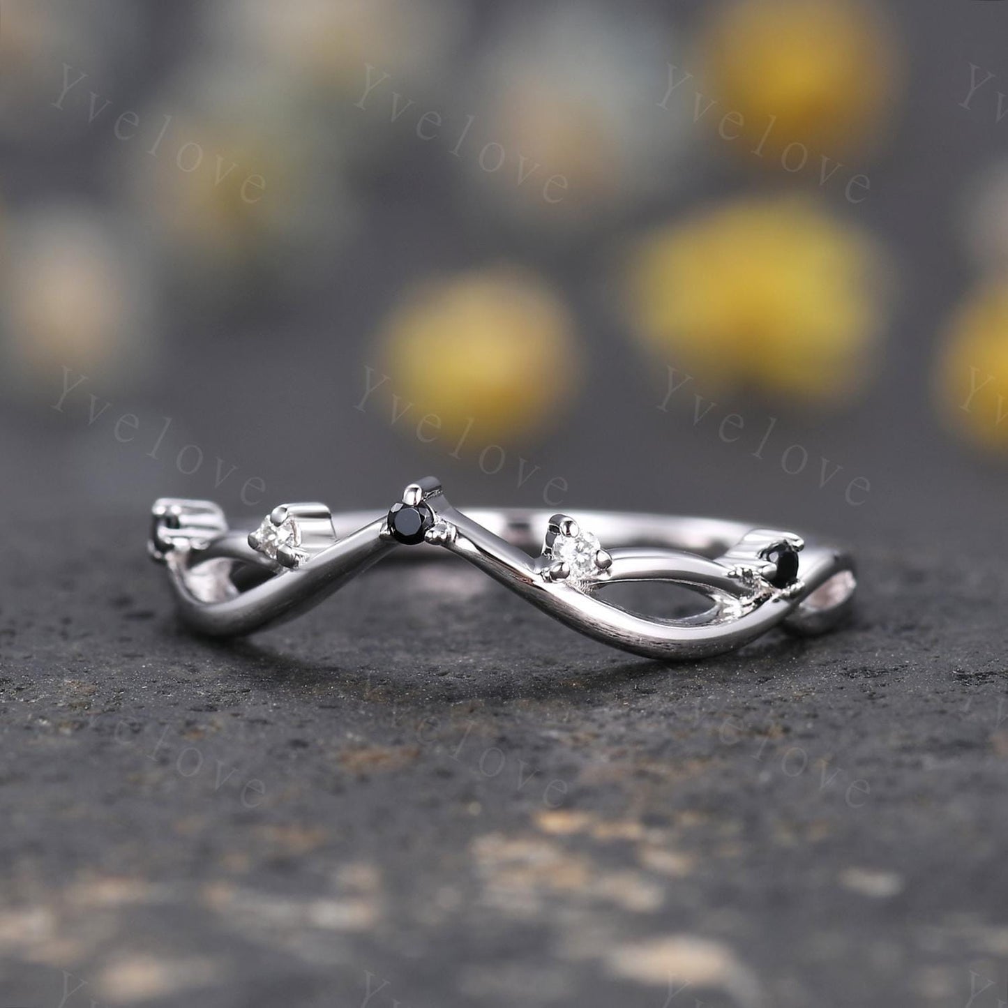 Vintage Twig Engagement Ring,Twig Stacking Band,Women Vine Diamond Band,Art Deco Curved Branch Black Spinel Wedding Band,925 Silver Ring