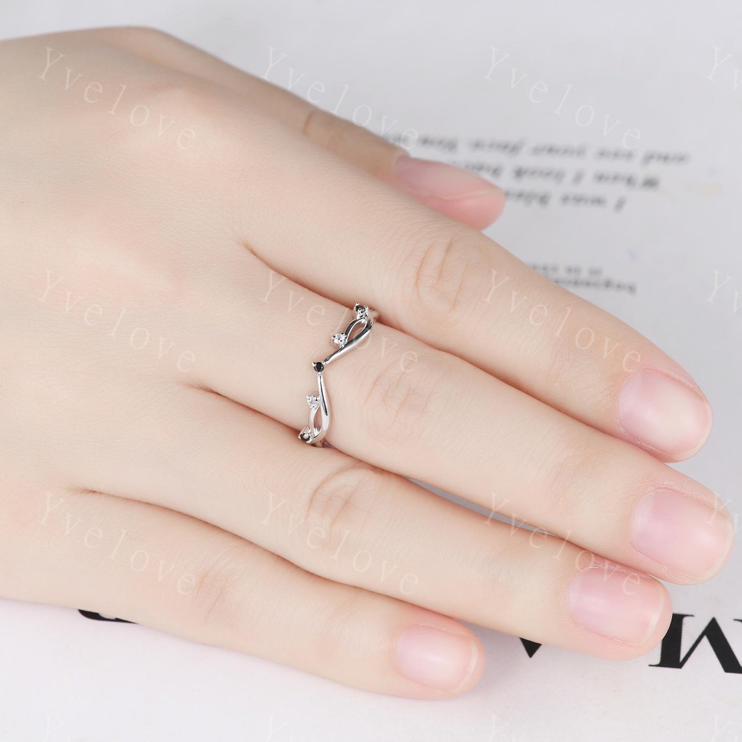 Vintage Twig Engagement Ring,Twig Stacking Band,Women Vine Diamond Band,Art Deco Curved Branch Black Spinel Wedding Band,925 Silver Ring
