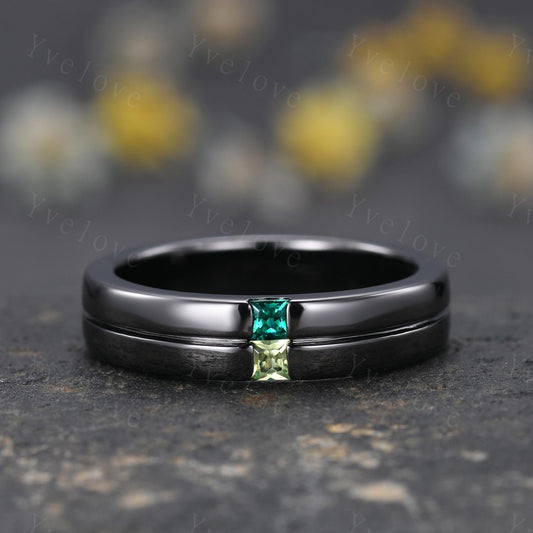 Mens Emerald Peridot Wedding Band Princess Cut Peridot Band 5mm Black Gold Ring Men Solitaire Stacking Matching Band Retro Vintage Ring Gift