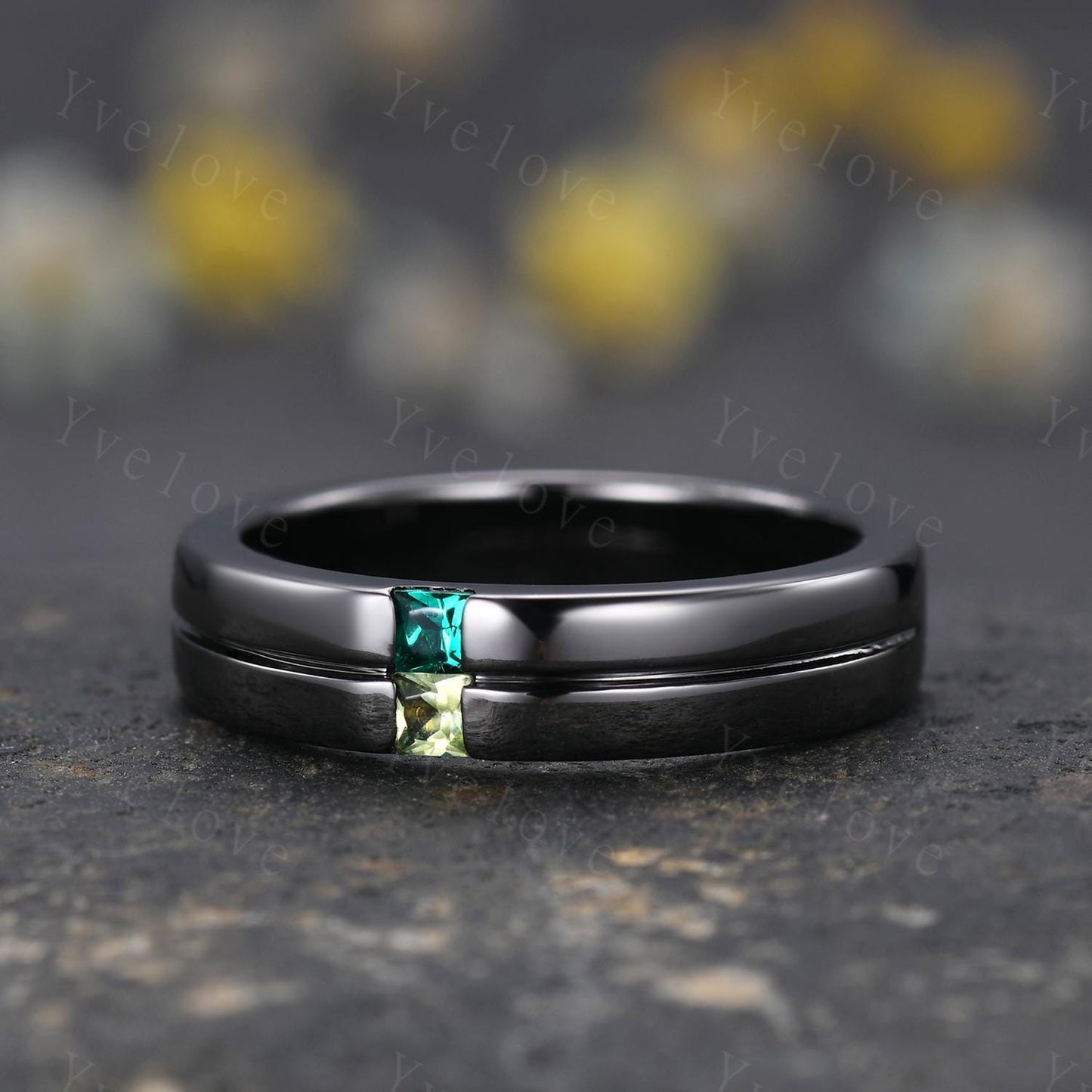 Mens Emerald Peridot Wedding Band Princess Cut Peridot Band 5mm Black Gold Ring Men Solitaire Stacking Matching Band Retro Vintage Ring Gift