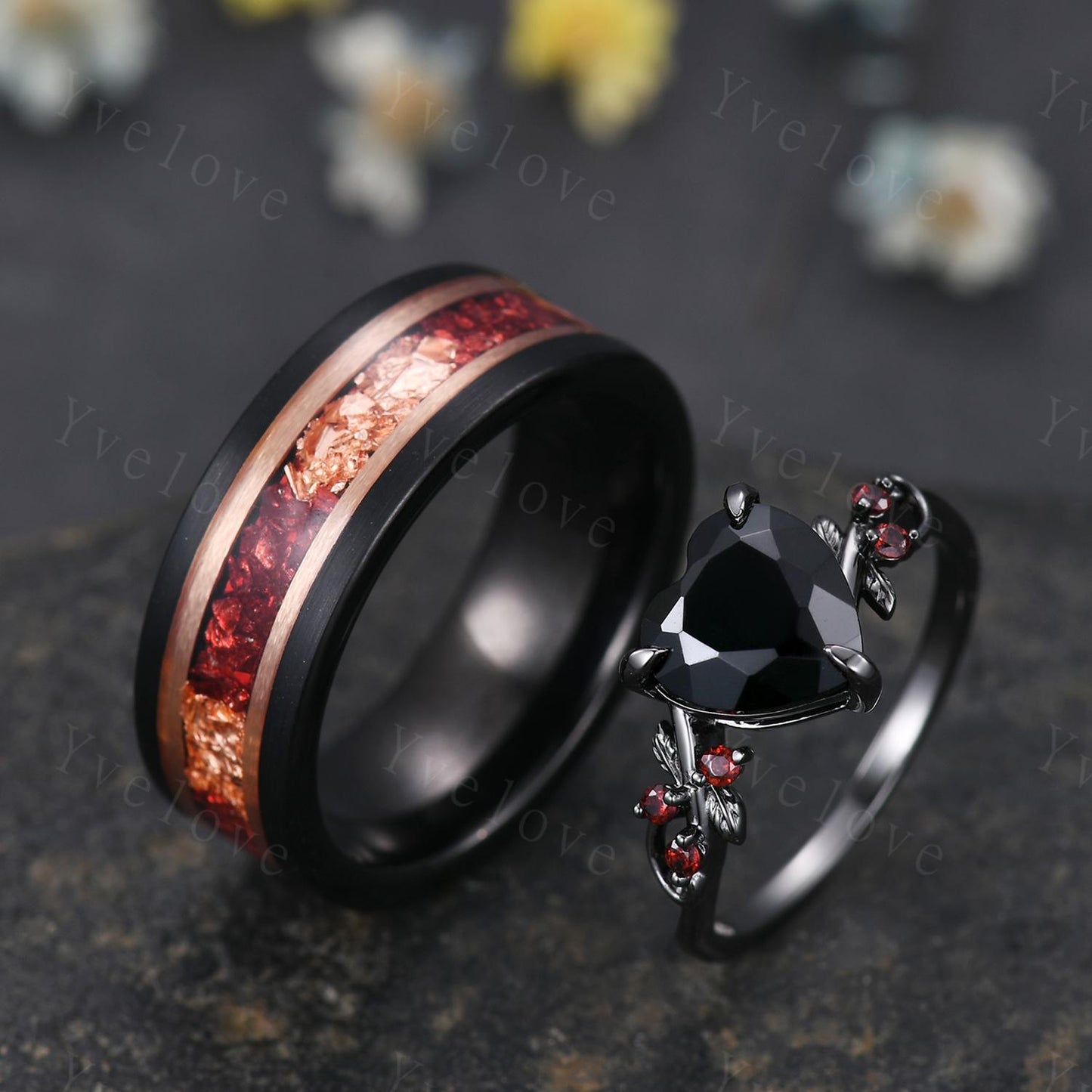 Natural Heart Black Onyx Couples Ring Set,Red Garnet Twig Leaves Bridal Set,Red And Golden Black Tungsten Matching Band Unique Promise Gift