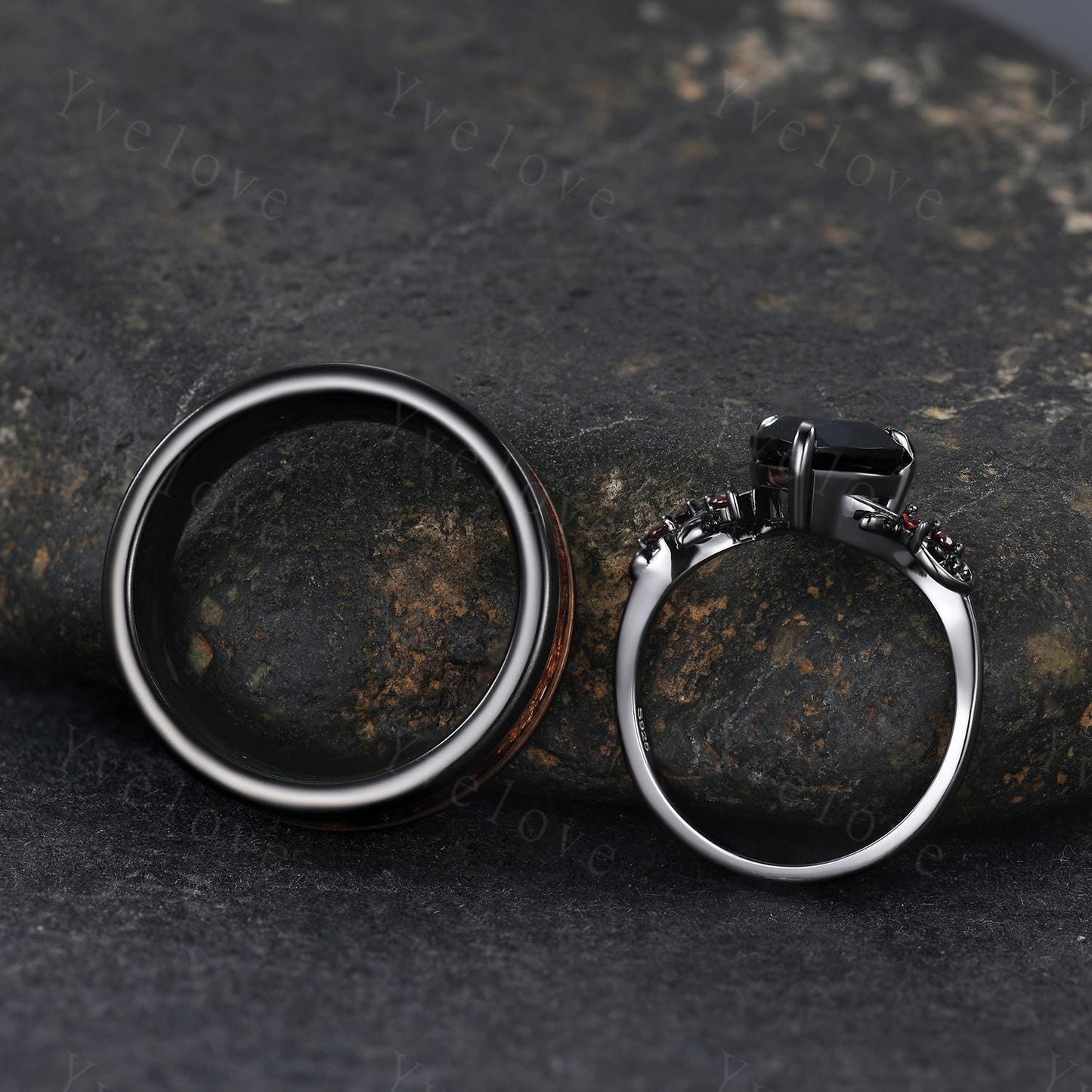 Natural Heart Black Onyx Couples Ring Set,Red Garnet Twig Leaves Bridal Set,Red And Golden Black Tungsten Matching Band Unique Promise Gift