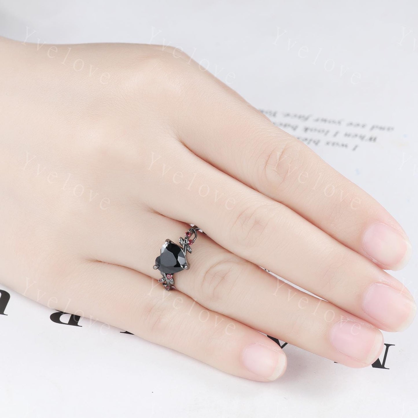 Natural Heart Black Onyx Couples Ring Set,Red Garnet Twig Leaves Bridal Set,Red And Golden Black Tungsten Matching Band Unique Promise Gift