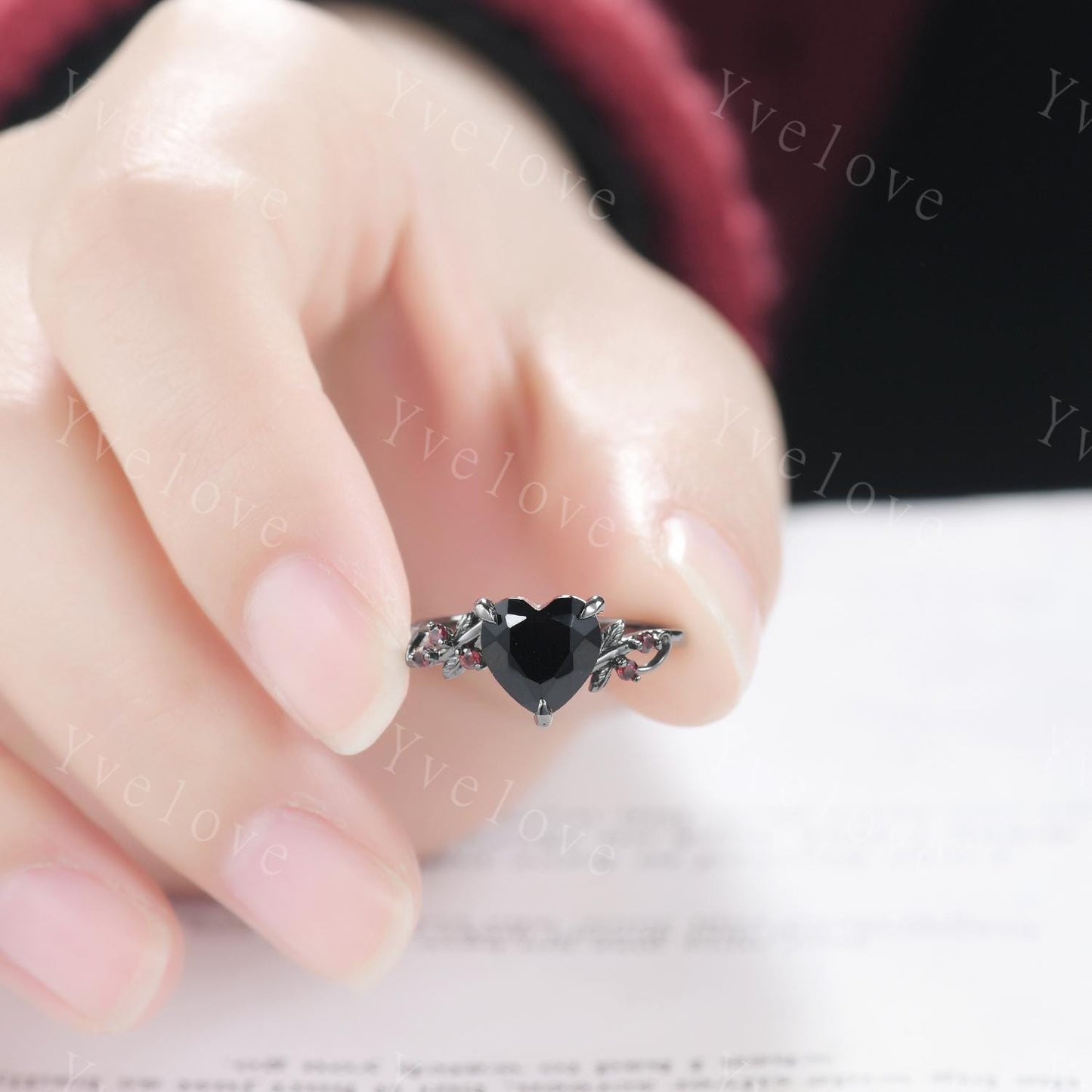 Natural Heart Black Onyx Couples Ring Set,Red Garnet Twig Leaves Bridal Set,Red And Golden Black Tungsten Matching Band Unique Promise Gift