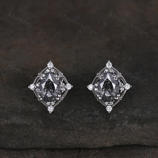 Black ritulated quartz earrings women sterling silver earring studs pear cut earrings vintage quartz studs antique anniversary gift for her