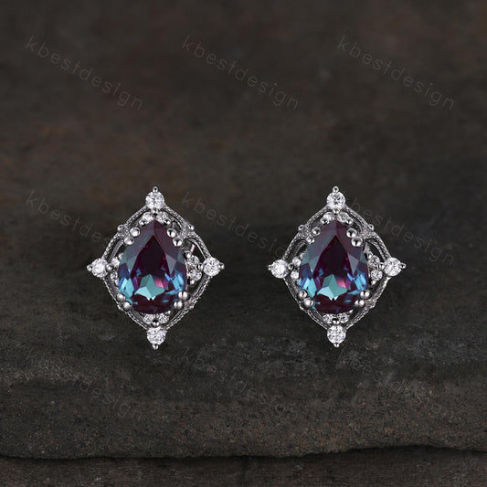 Vintage alexandrite earrings sterling silver earring studs pear cut earrings vintage women studs antique June birthstone gift for her