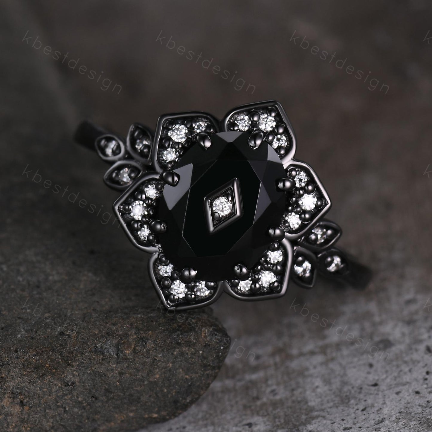 Antique black onyx engagement ring Black gold ring Art deco floral design moissanite wedding ring unique petal ring bridal promise ring