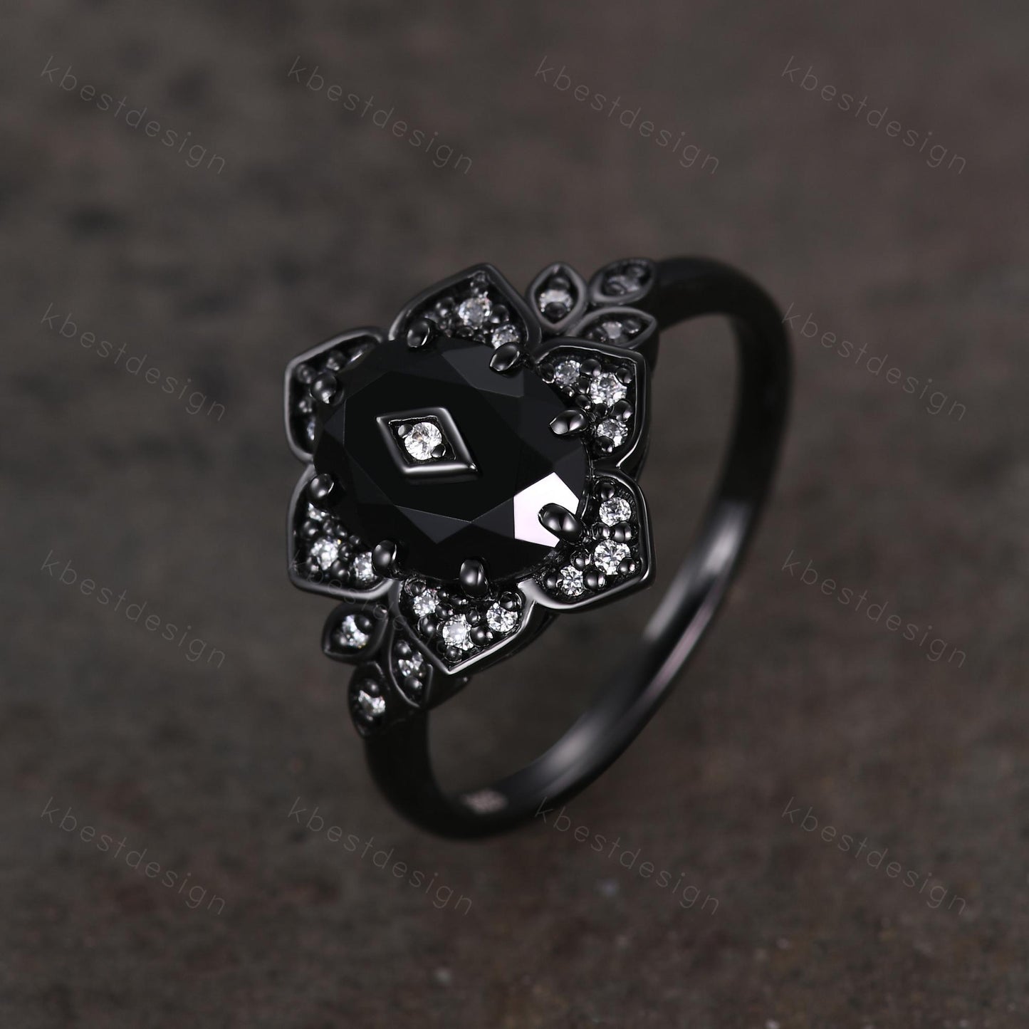 Antique black onyx engagement ring Black gold ring Art deco floral design moissanite wedding ring unique petal ring bridal promise ring