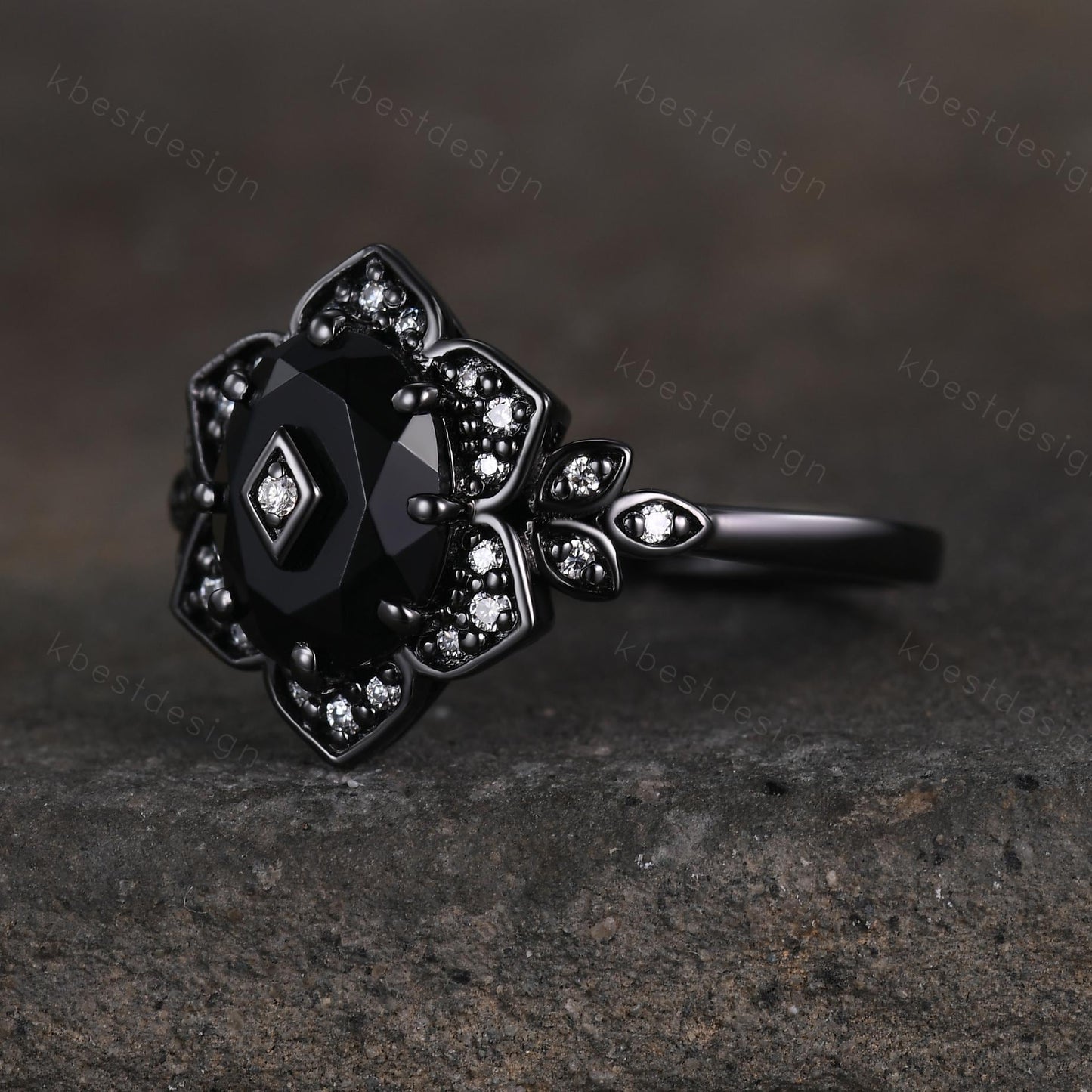 Antique black onyx engagement ring Black gold ring Art deco floral design moissanite wedding ring unique petal ring bridal promise ring