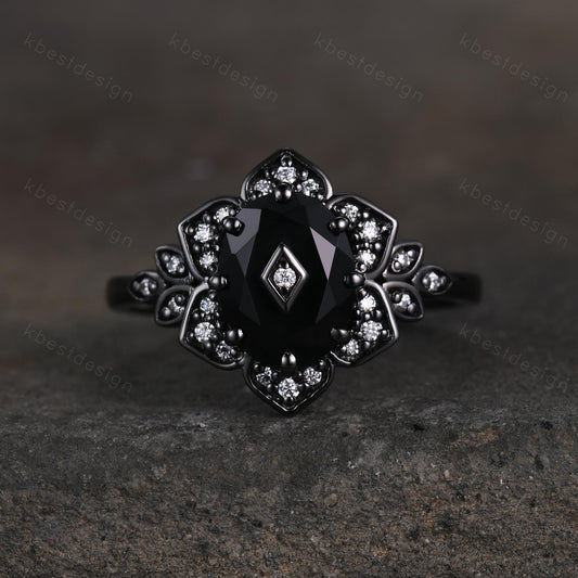 Antique black onyx engagement ring Black gold ring Art deco floral design moissanite wedding ring unique petal ring bridal promise ring
