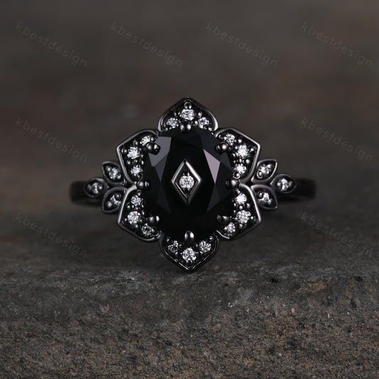 Antique black onyx engagement ring Black gold ring Art deco floral design moissanite wedding ring unique petal ring bridal promise ring