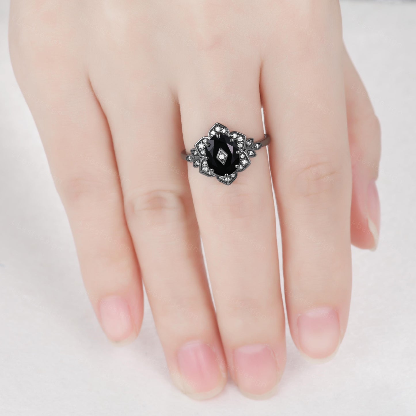 Antique black onyx engagement ring Black gold ring Art deco floral design moissanite wedding ring unique petal ring bridal promise ring