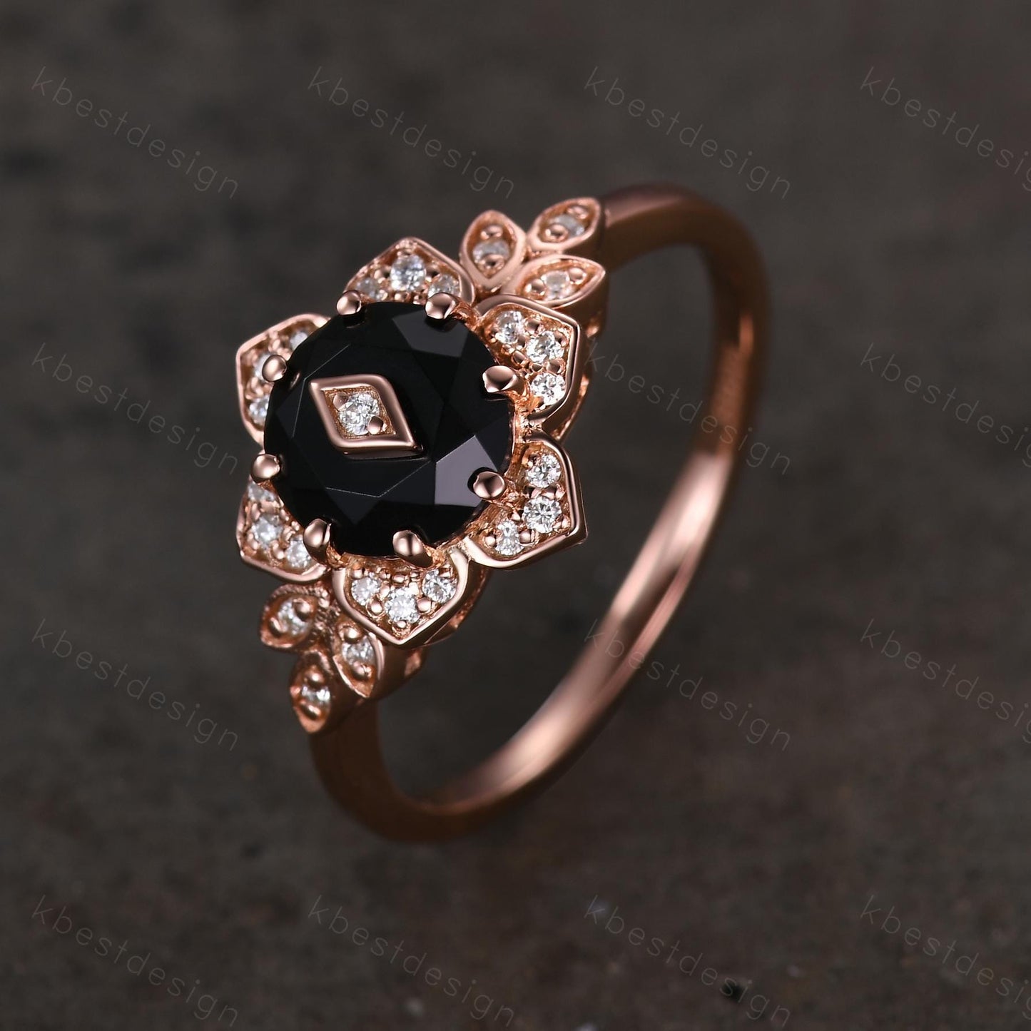 Vintage round Black Onyx engagement ring antique moissanite halo ring rose gold floral petal ring Nature inspired ring Promise ring