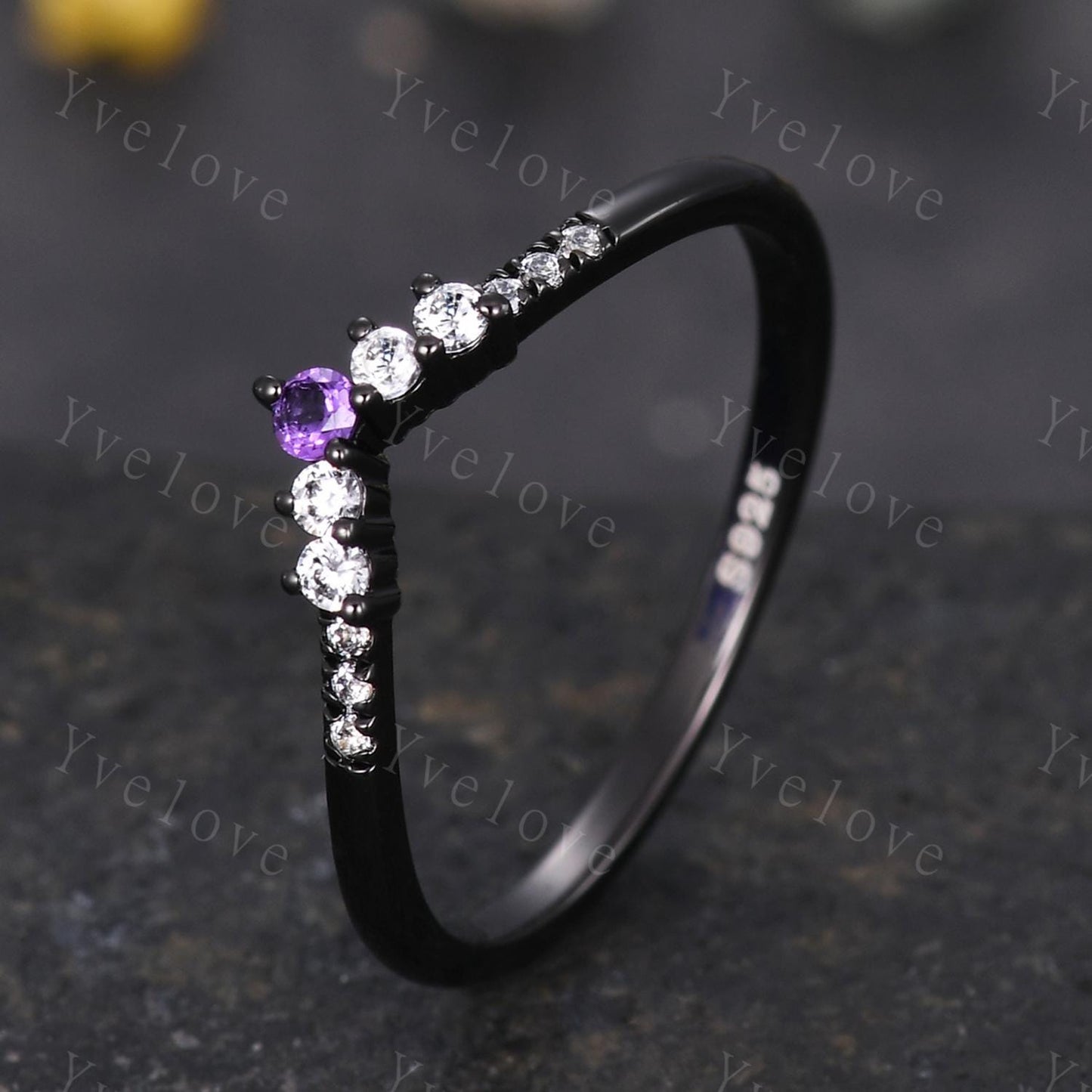 Retro Amethyst Moissanite Engagement Ring,Gothic V Curved Matching Band Stackable Wedding Band,Black Gold Wedding Band Gift For Women