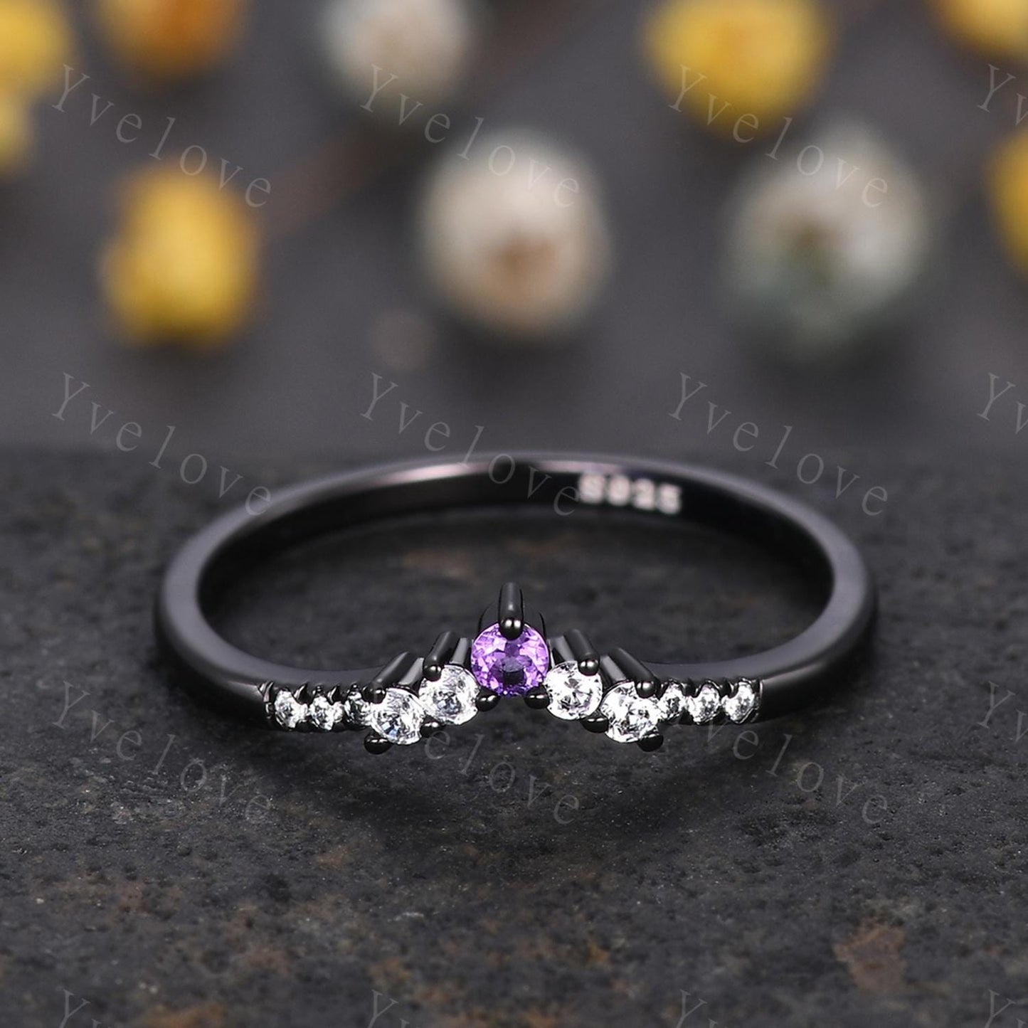 Retro Amethyst Moissanite Engagement Ring,Gothic V Curved Matching Band Stackable Wedding Band,Black Gold Wedding Band Gift For Women