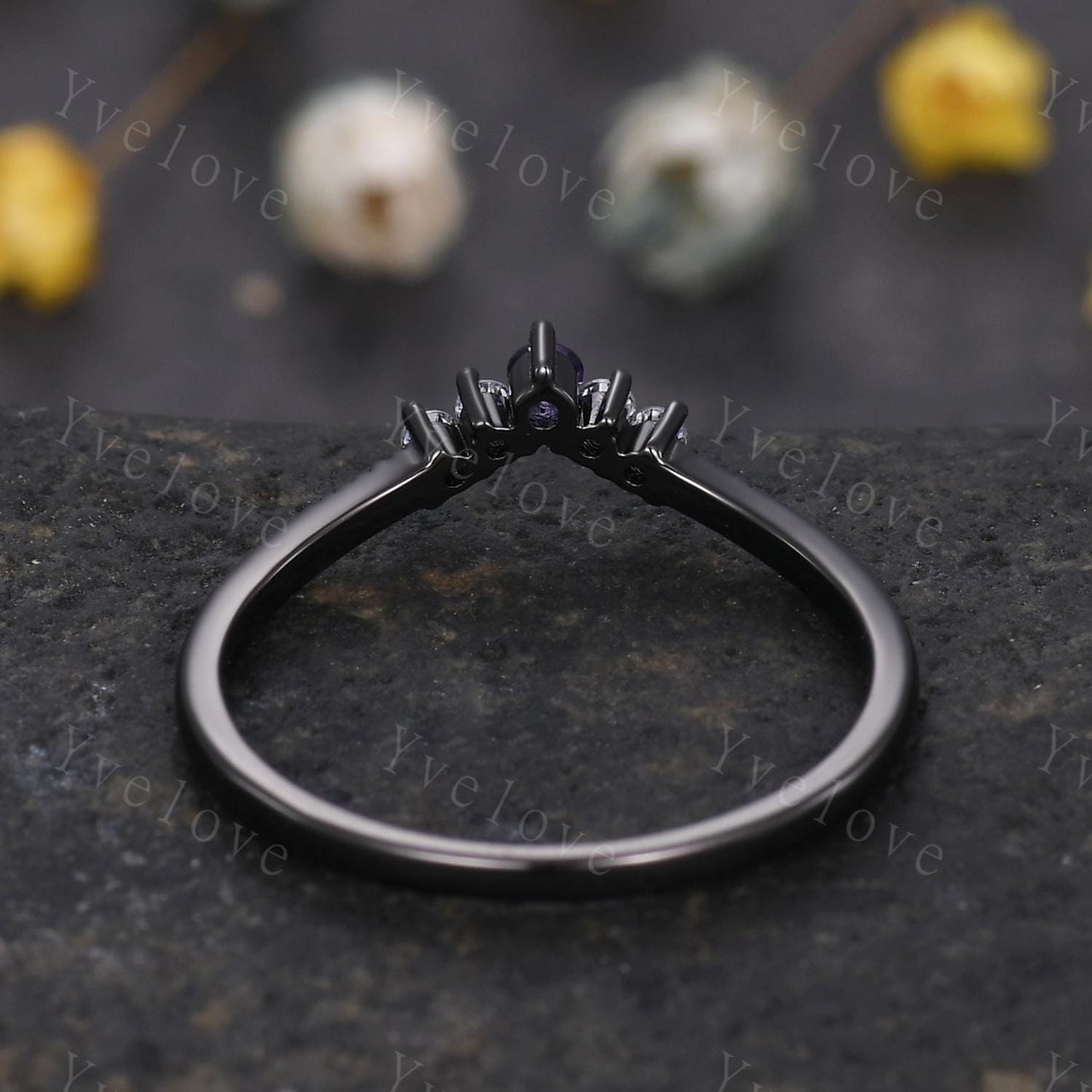 Retro Amethyst Moissanite Engagement Ring,Gothic V Curved Matching Band Stackable Wedding Band,Black Gold Wedding Band Gift For Women
