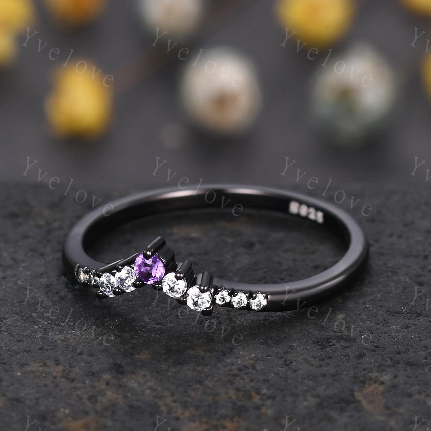 Retro Amethyst Moissanite Engagement Ring,Gothic V Curved Matching Band Stackable Wedding Band,Black Gold Wedding Band Gift For Women