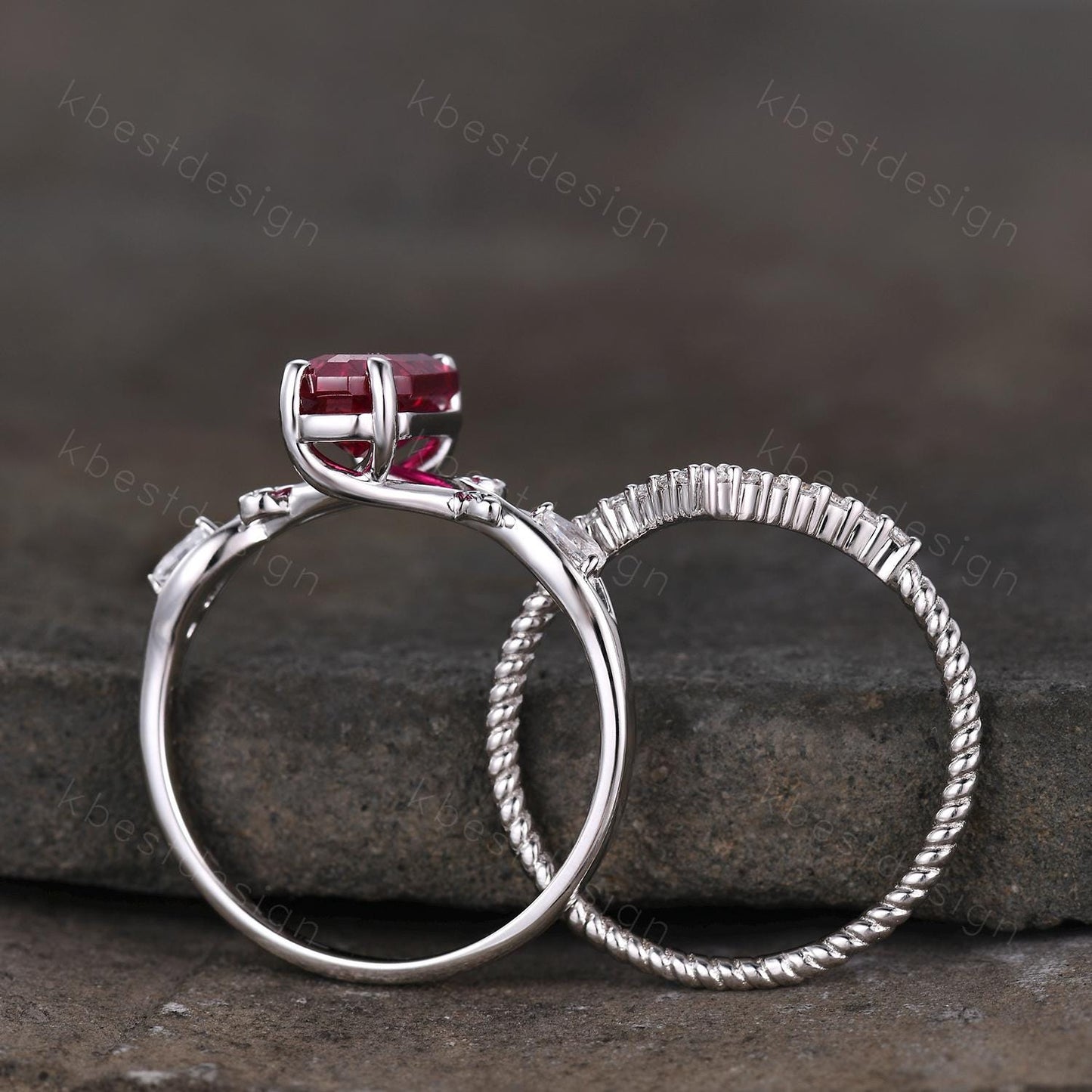 Long Emerald cut Ruby Engagement Ring Twig Leaf  Style Bridal Set Unique Curved Moissanite Wedding Ring Anniversary Promise Ring