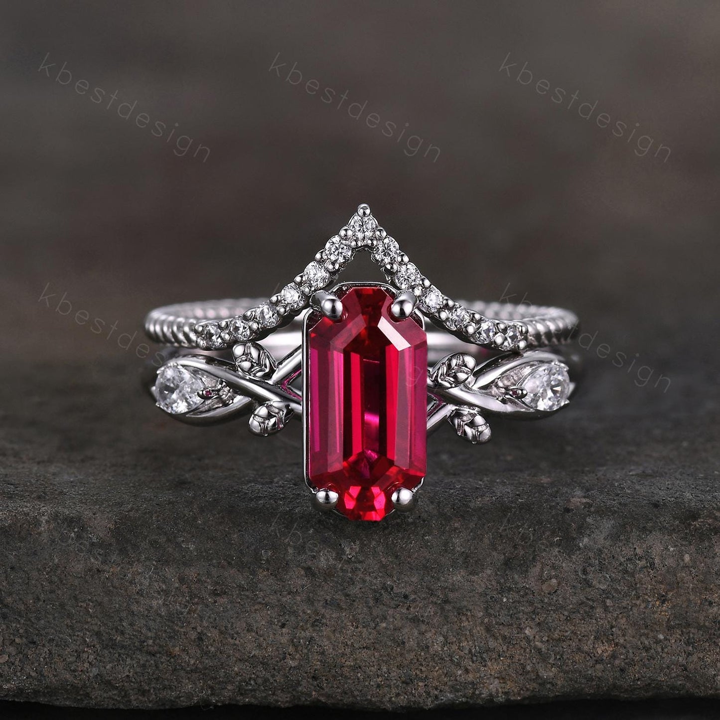 Long Emerald cut Ruby Engagement Ring Twig Leaf  Style Bridal Set Unique Curved Moissanite Wedding Ring Anniversary Promise Ring