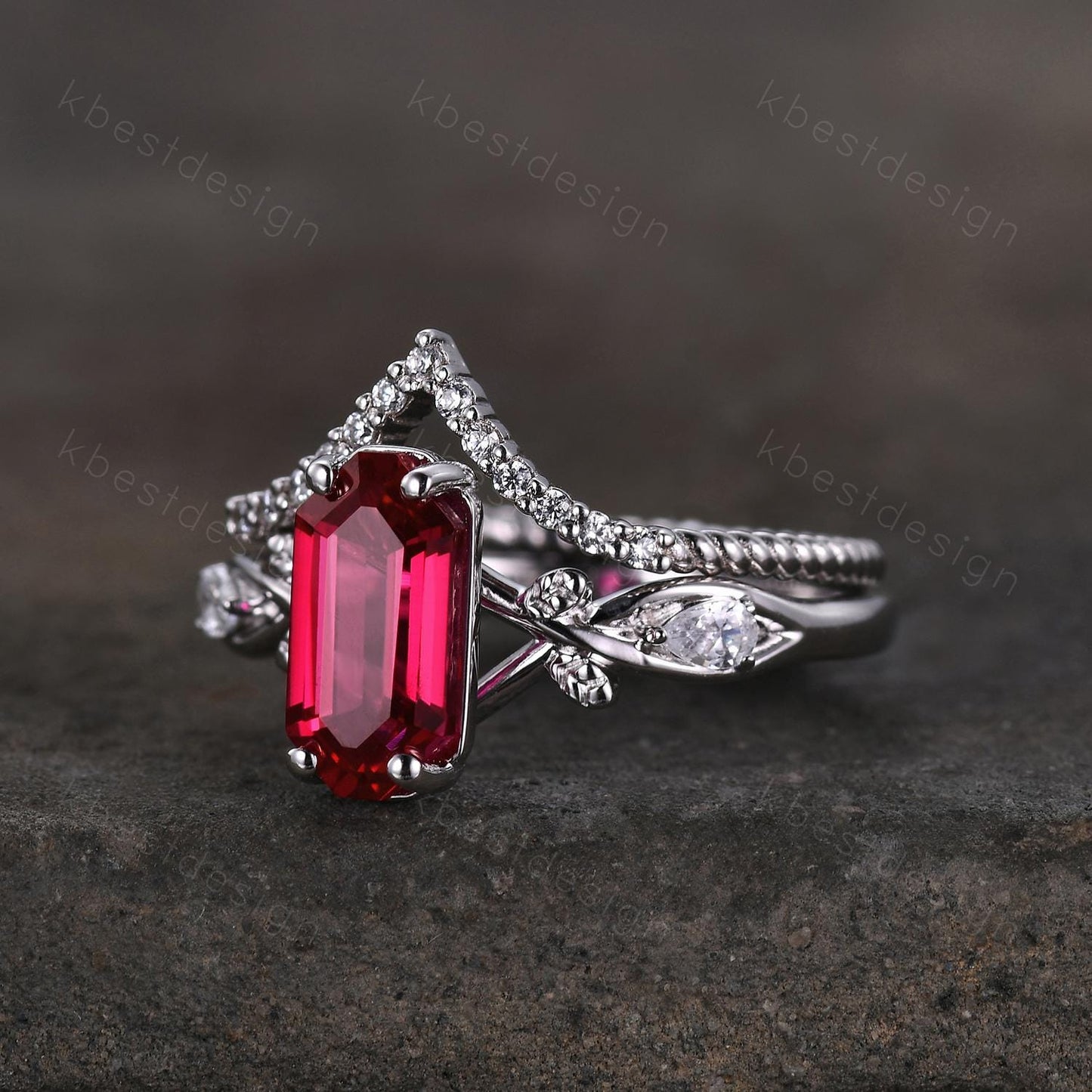 Long Emerald cut Ruby Engagement Ring Twig Leaf  Style Bridal Set Unique Curved Moissanite Wedding Ring Anniversary Promise Ring