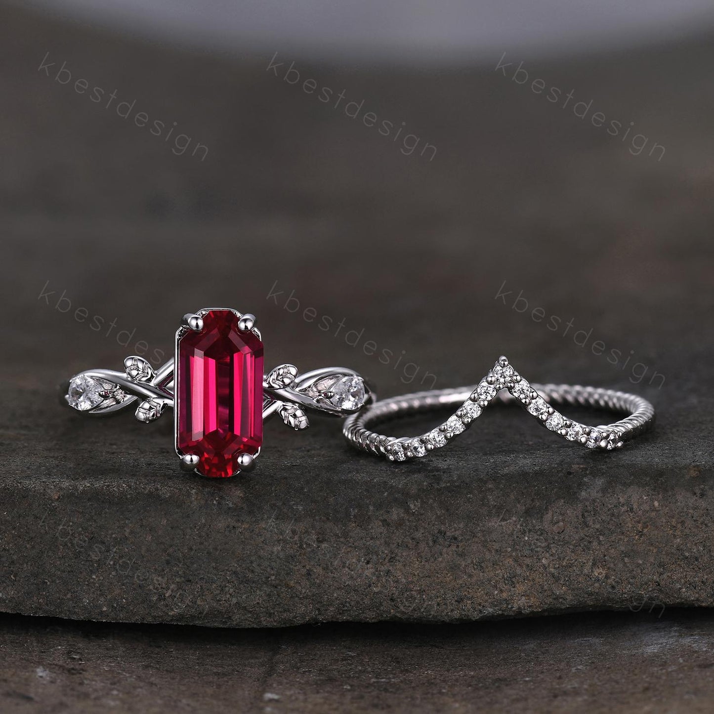 Long Emerald cut Ruby Engagement Ring Twig Leaf  Style Bridal Set Unique Curved Moissanite Wedding Ring Anniversary Promise Ring