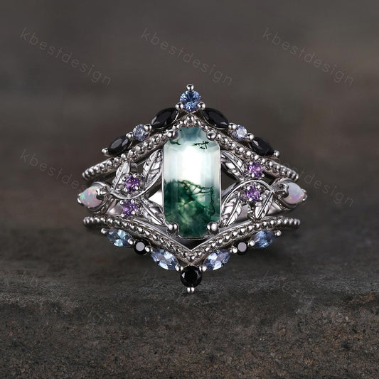 Antique Moss Agate Engagement Ring Set Retro Emerald cut Engagement Ring Unique Double Curved Alexandrite Stacking Band Bridal Promise Set