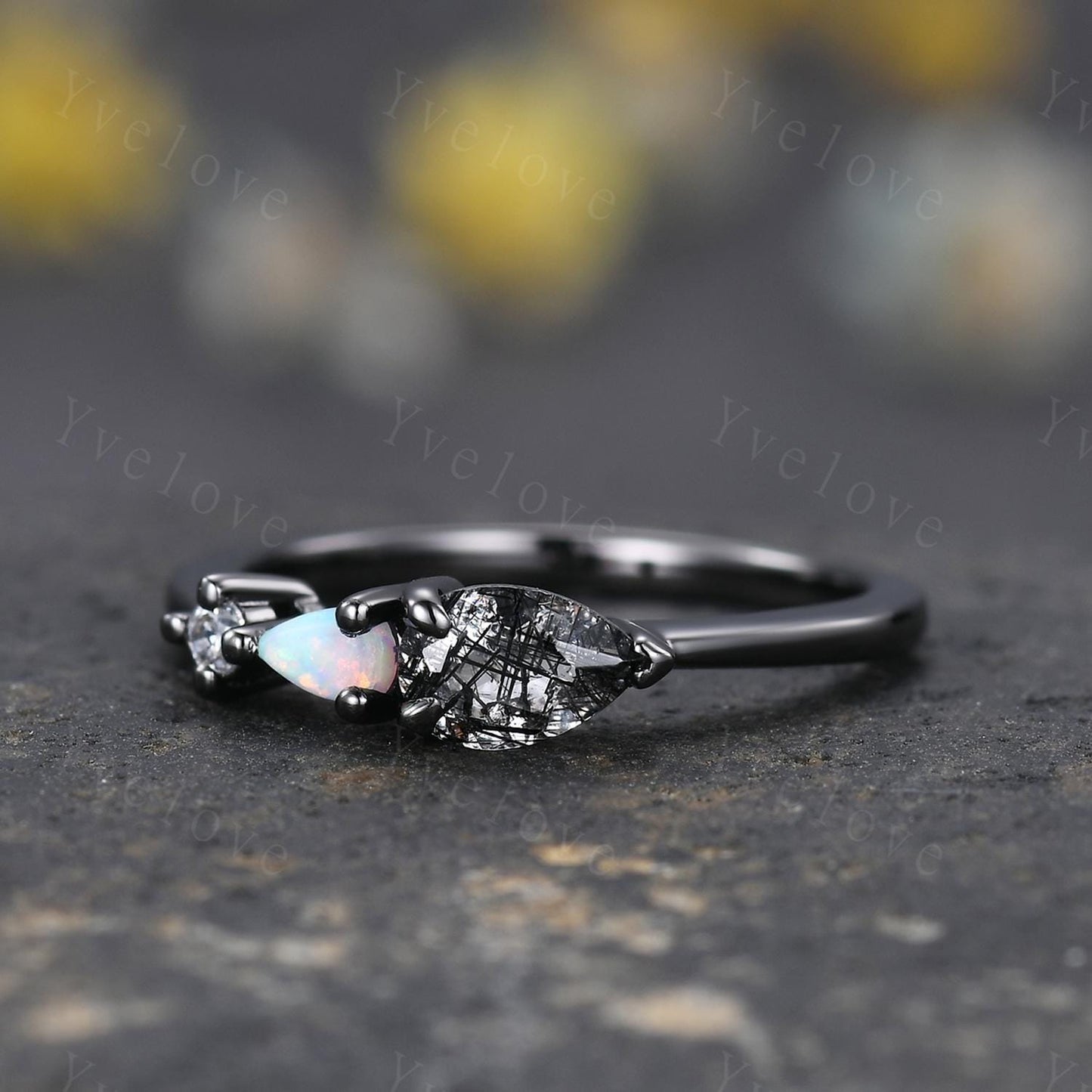 Vintage Black Rutilated Quartz Opal Engagement Ring,Pear Cut Gems,Art Deco Diamond Wedding Band,Unique Women Bridal Promise Ring,Black Gold