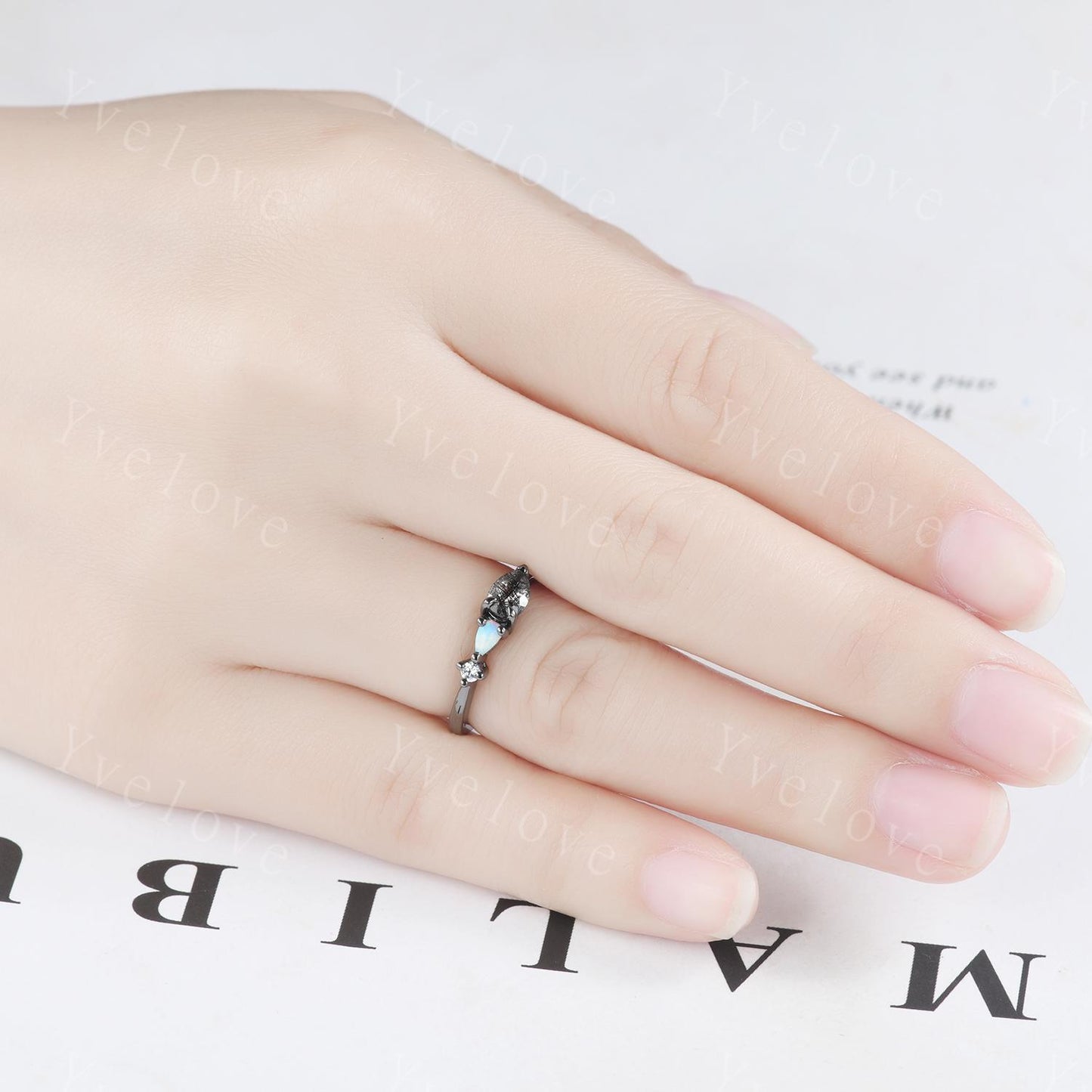 Vintage Black Rutilated Quartz Opal Engagement Ring,Pear Cut Gems,Art Deco Diamond Wedding Band,Unique Women Bridal Promise Ring,Black Gold