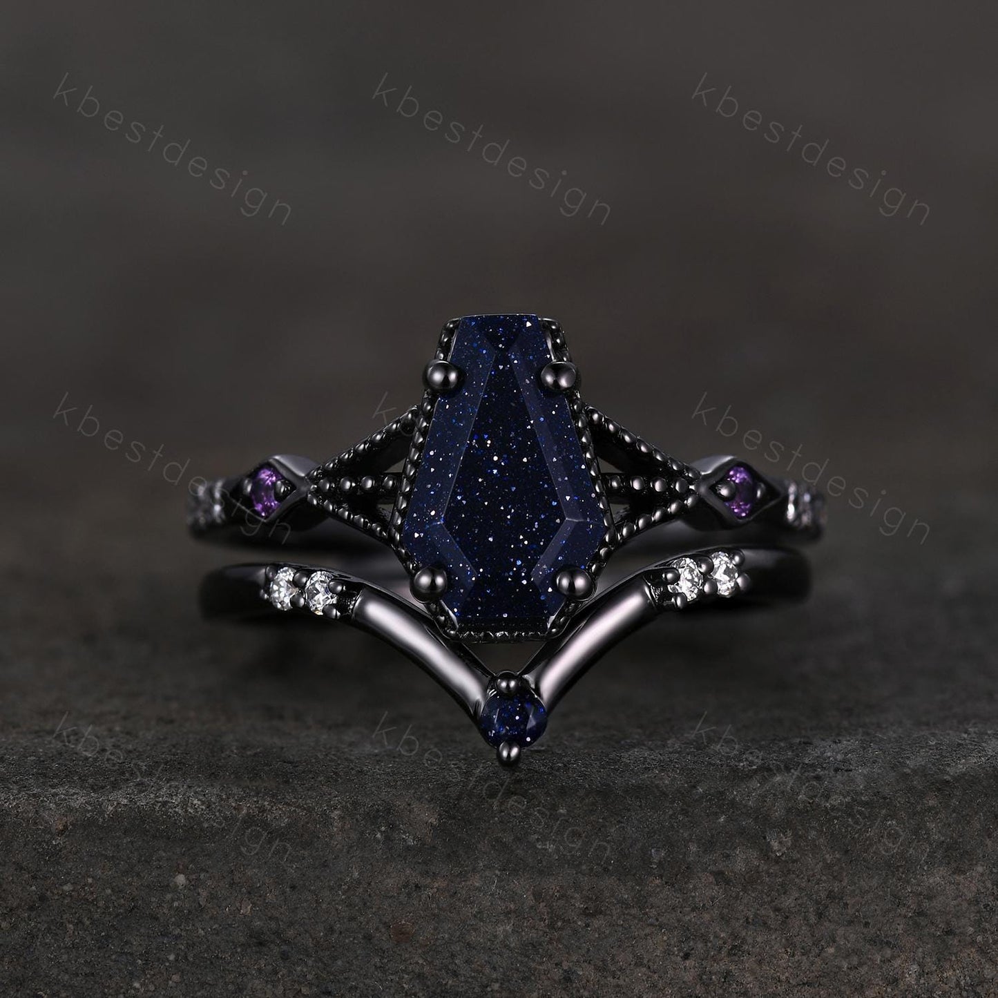 Vintage Coffin cut Blue Sandstone Engagement Ring Art Deco Galaxy Wedding Ring Gothic Black Gold Ring Unique Bridal Promise Set