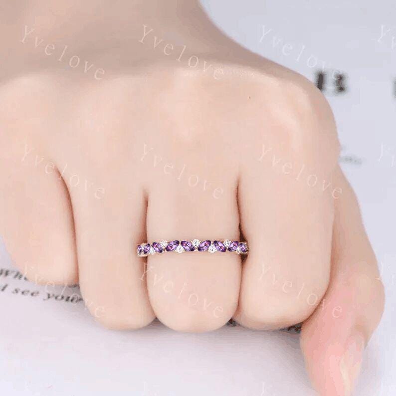 Marquise amethyst wedding band 14k gold vintage amethyst ring diamond antique unique stacking band anniversary promise ring matching band