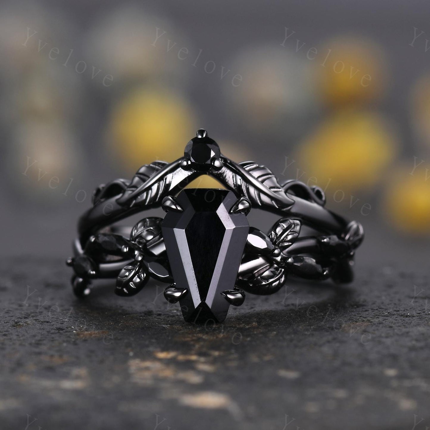 Coffin Shape Black Onyx Ring,Vintage Twig Vine Leaf Ring,Antique Black Onyx Bridal Promise Ring Set Nature Inspired Black Gold band