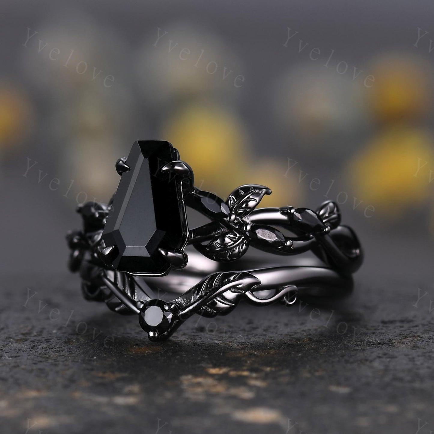Coffin Shape Black Onyx Ring,Vintage Twig Vine Leaf Ring,Antique Black Onyx Bridal Promise Ring Set Nature Inspired Black Gold band