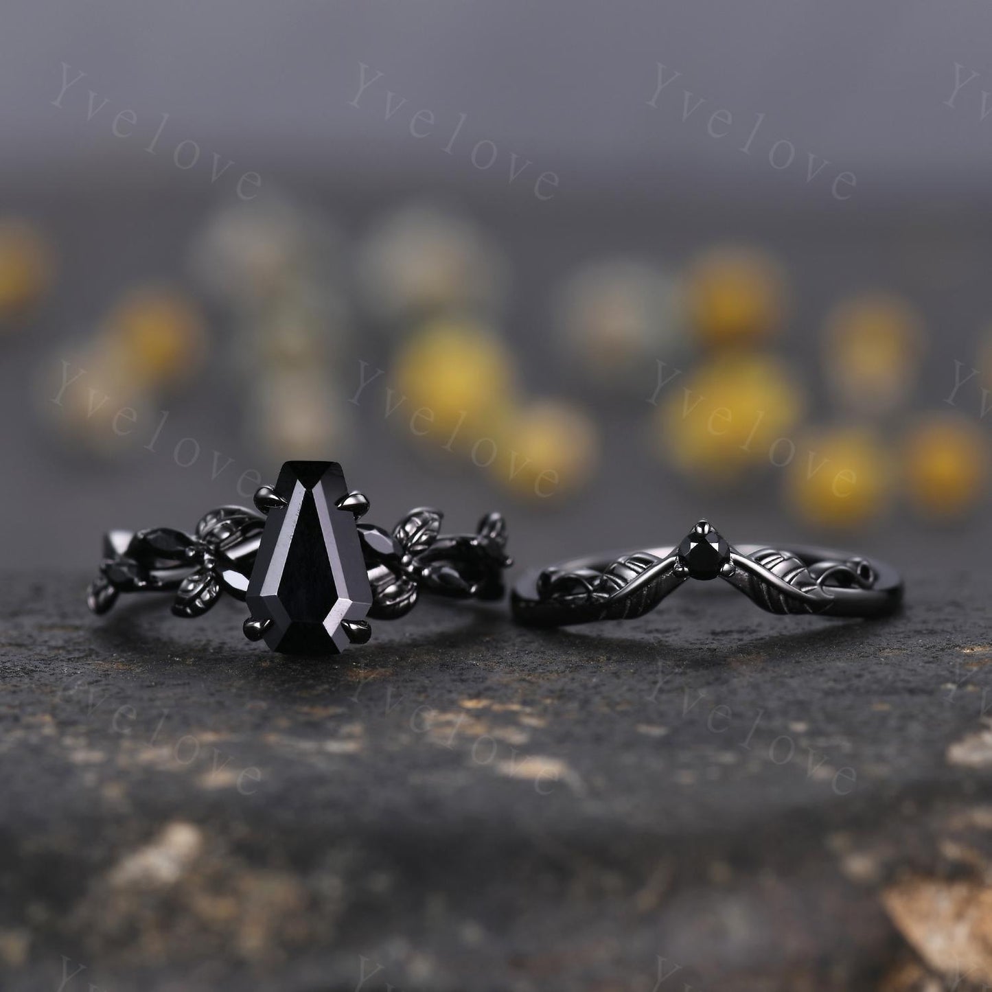 Coffin Shape Black Onyx Ring,Vintage Twig Vine Leaf Ring,Antique Black Onyx Bridal Promise Ring Set Nature Inspired Black Gold band