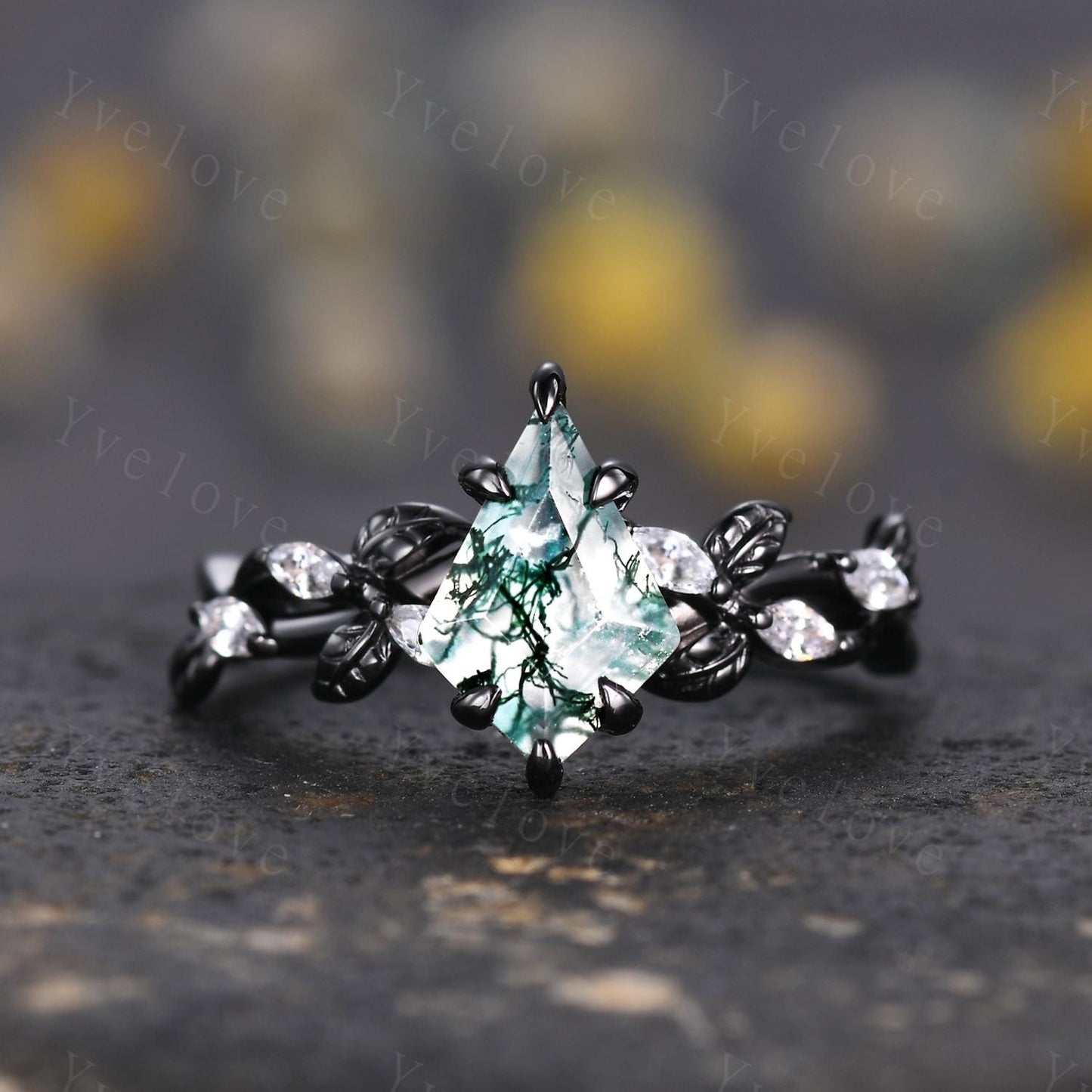 Gothic Kite Cut Moss Agate Ring,Vintage Cluster Vine Leaf Ring,Antique Moissanite Bridal Promise Ring Gift Nature Inspired Black Gold band