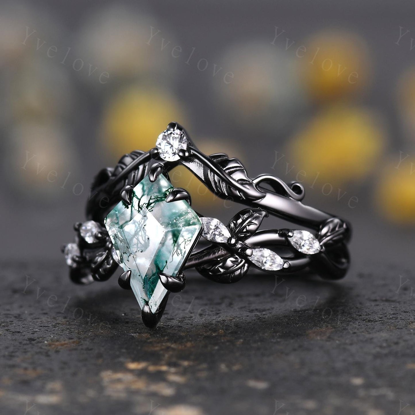 Gothic Kite Shape Moss Agate Ring,Vintage Cluster Vine Leaf Ring,Antique Moissanite Bridal Promise Ring Gift Nature Inspired Black Gold band