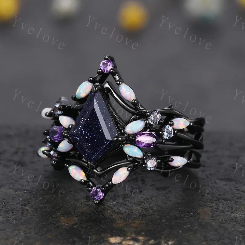 3PCS Vintage Kite Sandstone Engagement Ring Set,Black Gold,Vines Amethyst Opal Ring,Women Bridal Set,Unique Twig Anniversary Promise Gift