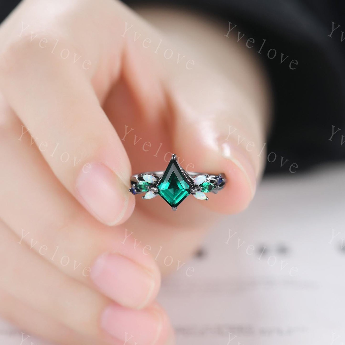 Vintage Kite Emerald Engagement Ring Set,Black Gold,Vines Sapphire Opal Ring,Women Bridal Set,Unique Twig Anniversary Promise Ring Gift