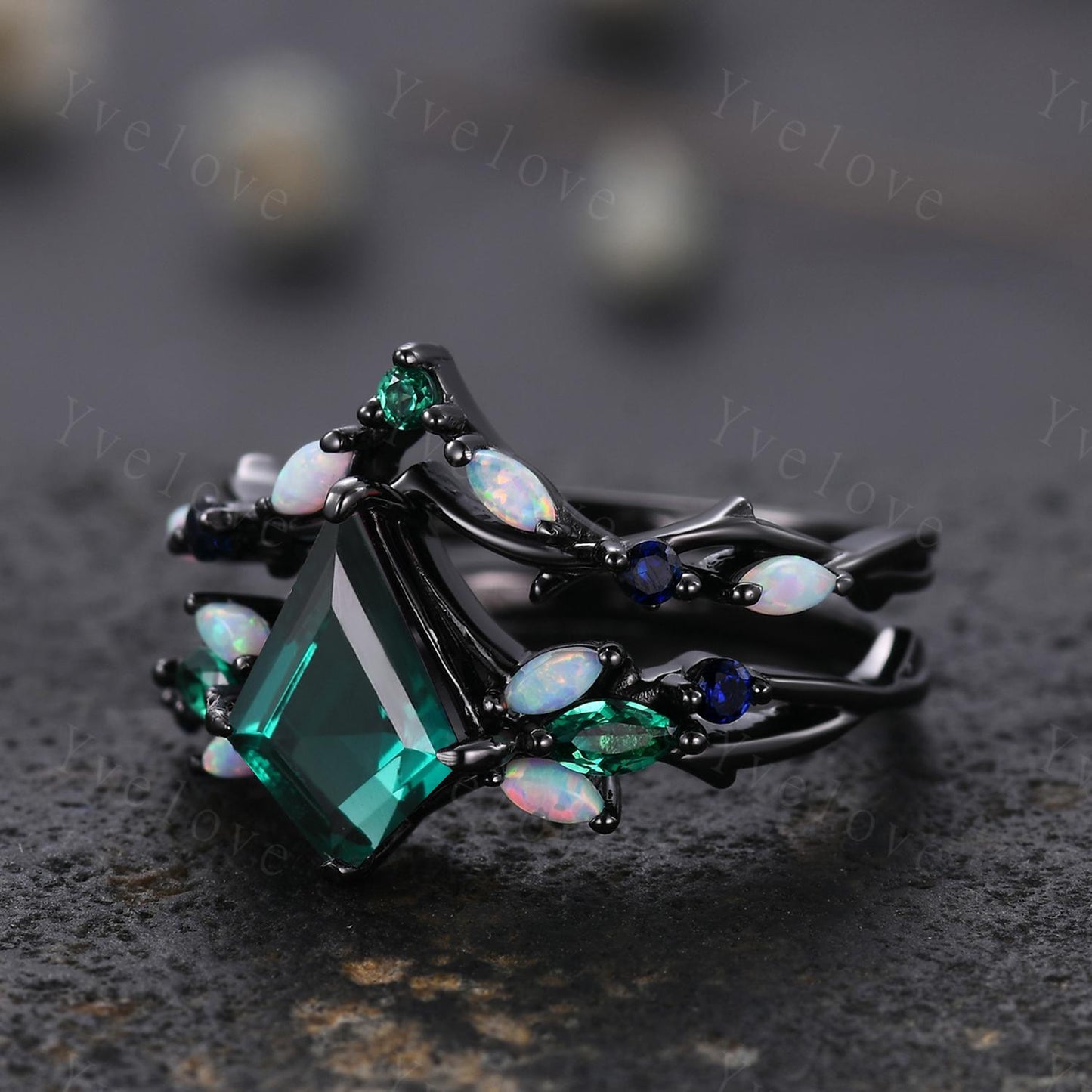 Vintage Kite Emerald Engagement Ring Set,Black Gold,Vines Sapphire Opal Ring,Women Bridal Set,Unique Twig Anniversary Promise Ring Gift