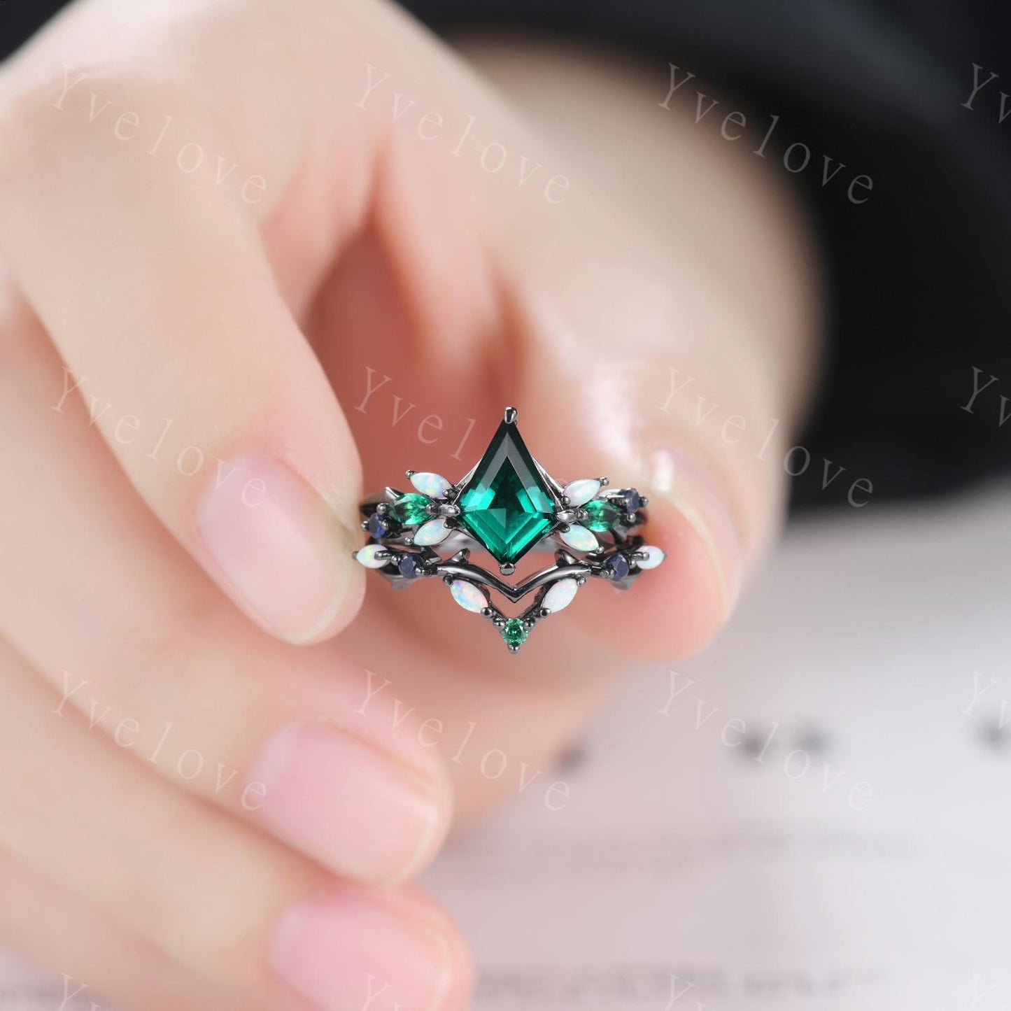 Vintage Kite Emerald Engagement Ring Set,Black Gold,Vines Sapphire Opal Ring,Women Bridal Set,Unique Twig Anniversary Promise Ring Gift