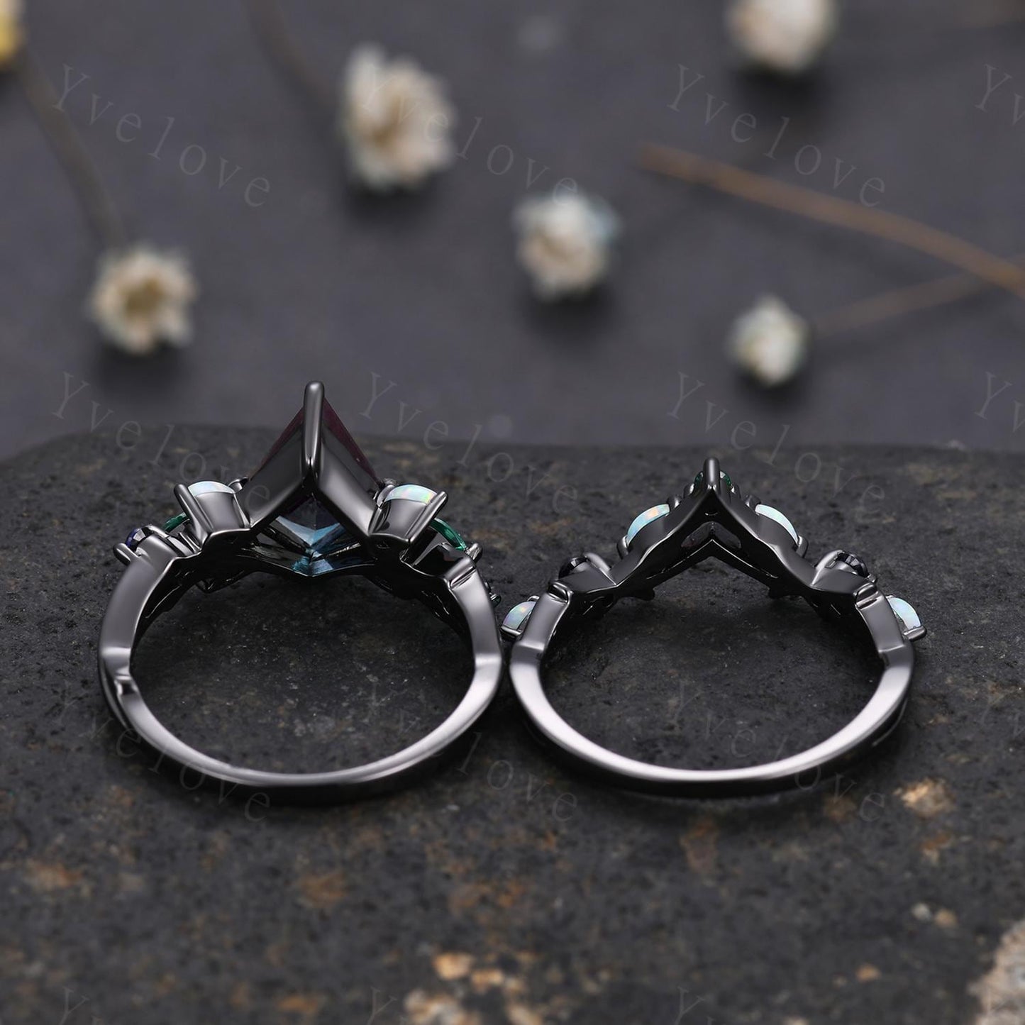 Vintage Kite Emerald Engagement Ring Set,Black Gold,Vines Sapphire Opal Ring,Women Bridal Set,Unique Twig Anniversary Promise Ring Gift