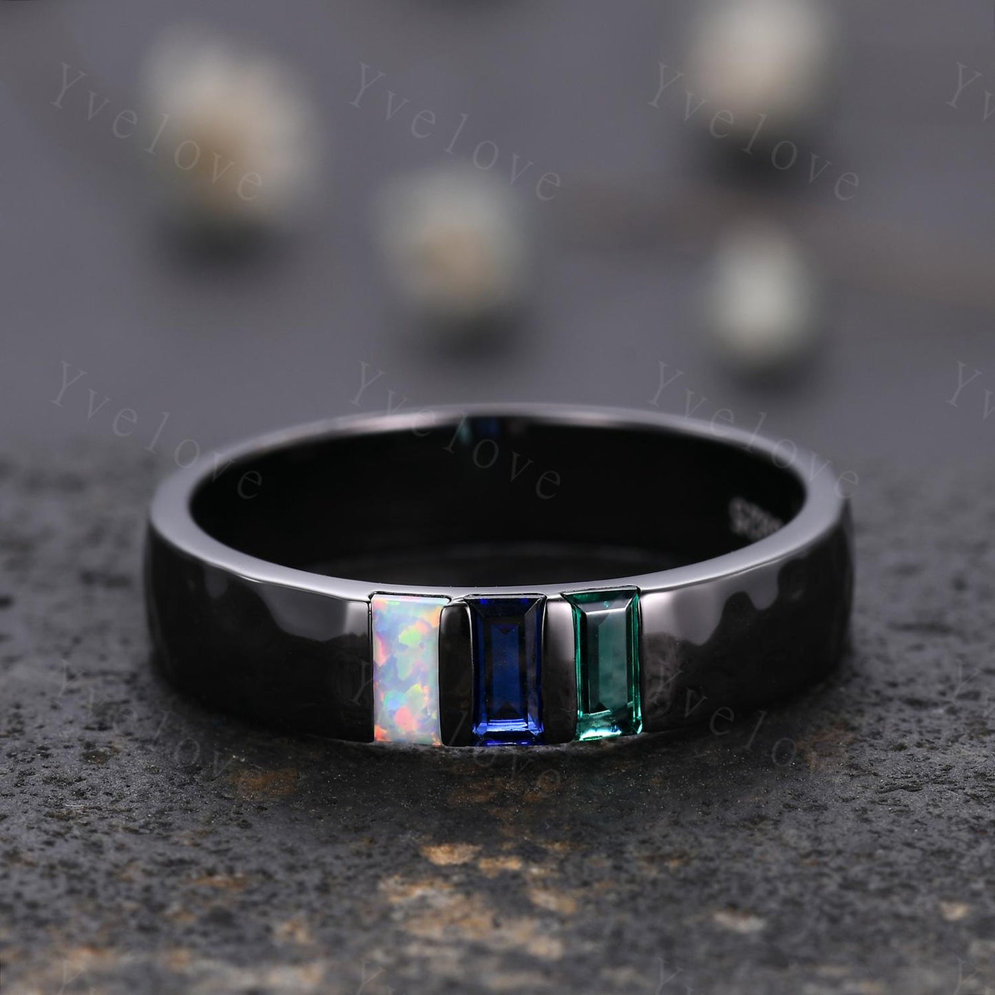 Mens Blue Sapphire Wedding Band Baguette Cut Emerald Opal Band 5mm Black Gold Ring Mens Hammered Stacking Matching Band Vintage Gift For Him
