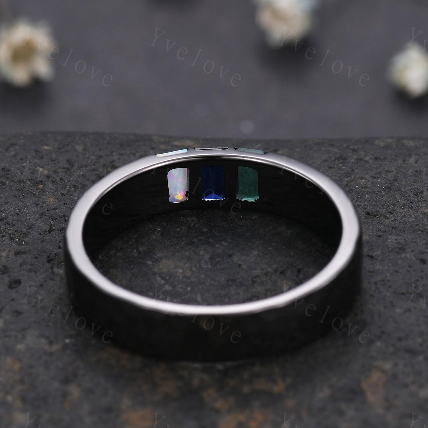 Mens Blue Sapphire Wedding Band Baguette Cut Emerald Opal Band 5mm Black Gold Ring Mens Hammered Stacking Matching Band Vintage Gift For Him